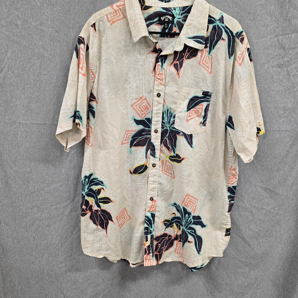 Billabong Mens XL Tropical Palm Leaf Print Short Sleeve Cotton Button Up Shirt